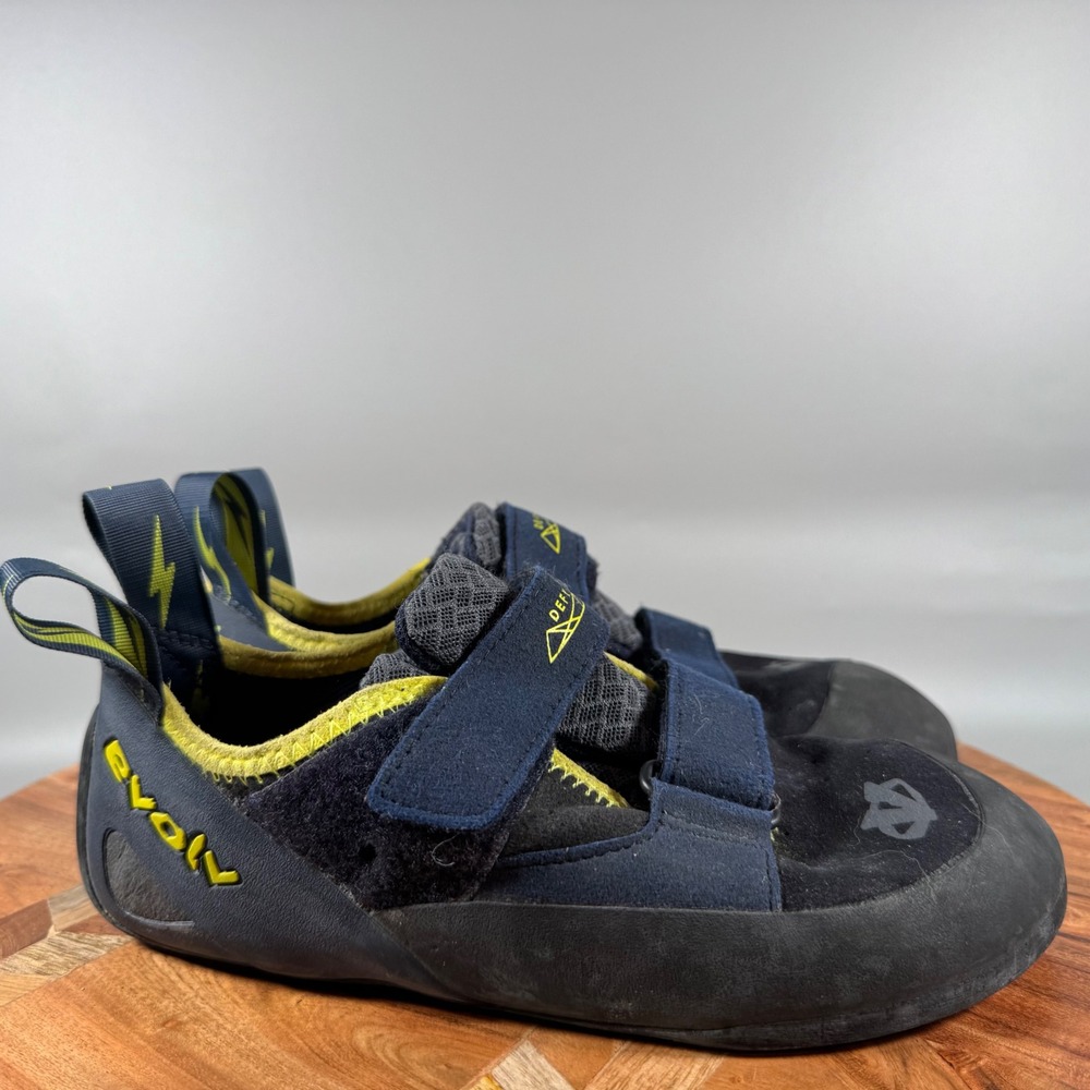 Evolv Defy Mens Climbing Shoes Size 7.5 Navy Blue Black Yellow Bouldering Gym